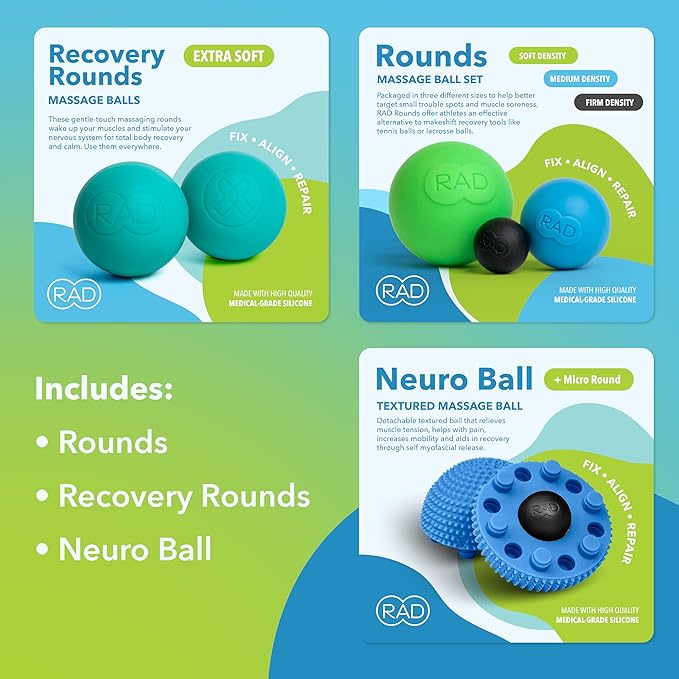 RAD Baller Bundle – Myofascial Release Balls for Full Body Mobility & Recovery, Trigger Point Relief – Includes Rounds (Set of 3), Recovery Rounds (Set of 2), and Neuro Ball Foot Roller