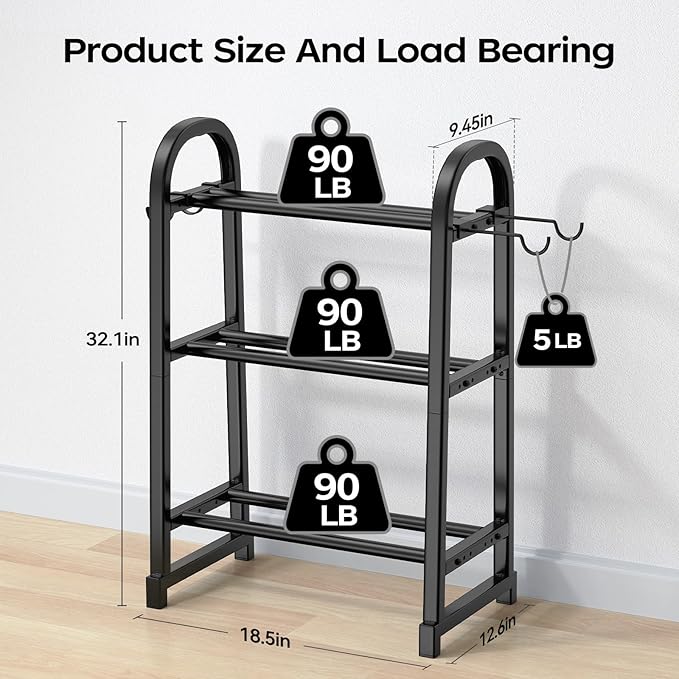3 Tier Dumbble Rack - 360LB Capacity Adjustable Dumbbell Storage Rack Space-Saving Home Gym Weight Rack For Dumbbells And Kettlebells With Hooks (Dumbbell Rack Stand Only)