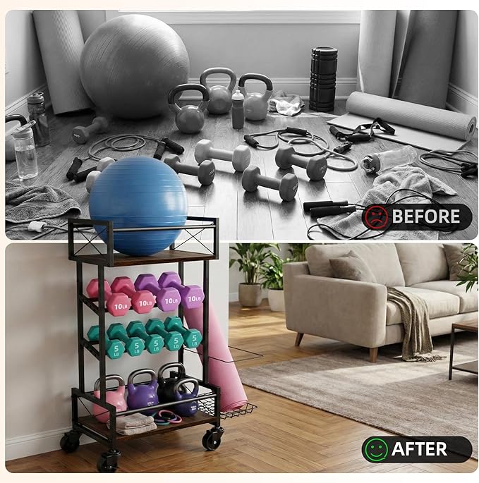4 Tier Home Gym Storage Rack with Wheels, Yoga Mat Rack Small Dumbbell Weight Rack, Multi-Functional Wood Metal Gym Equipment Storage Rack Workout Cart for Women Kettlebell Fitness Organizer