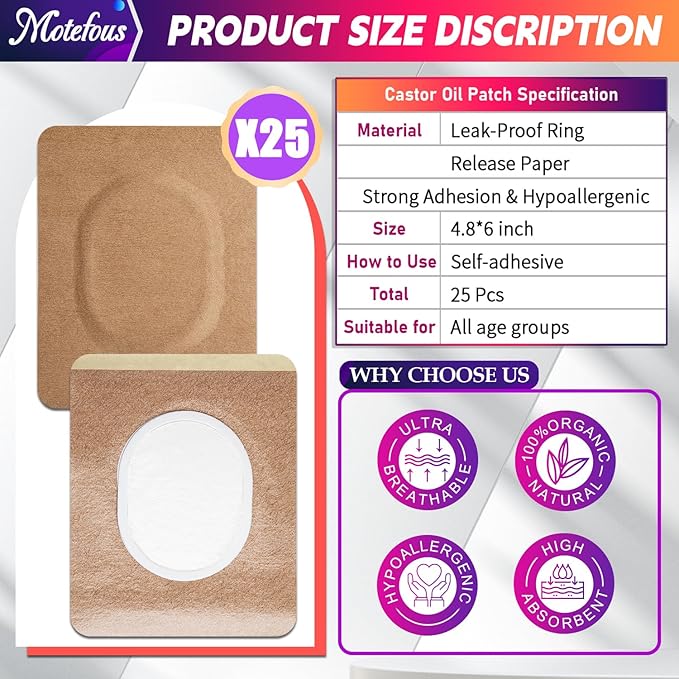 Castor Oil Pack Wrap Patch - Organic Cotton Castor Oil Belly Button Pad, Disposable Self-Adhesive Abdominal Pads, Portable Anti Leakage High Absorbent Patch for Multi-Area Use 25Pcs