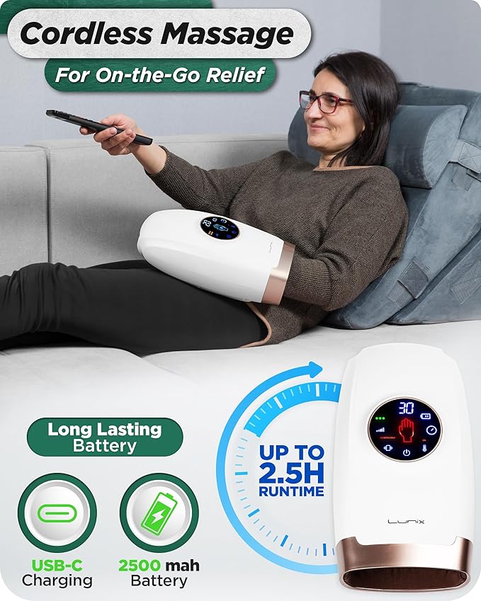 Lunix LX7 FSA LCD Touchscreen Hand Massager, Heated Air Compression, for Arthritis & Carpal Tunnel Relief, Finger Numbness & Wrist Pain Relief, Cordless Rechargeable, Lunar White