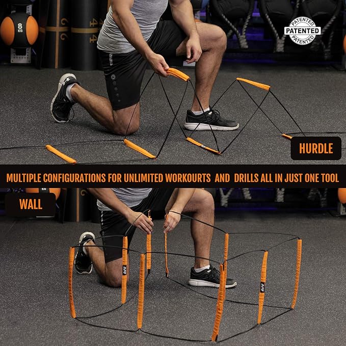All-in-One Agility Ladder Agility Training Equipment Foldable Instant Set-up Tangle-Free Design 8+4 Rung Speed Ladder Workout Ladder with 12 Soccer Cones & 3 Resistance Band & 1 Storage Bag