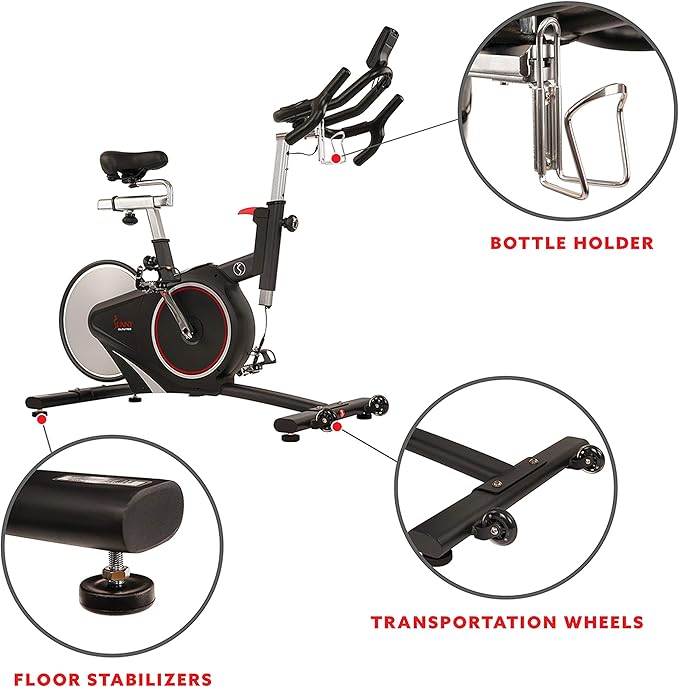 Sunny Health & Fitness Indoor Intensive Cycling Exercise Bike, Adjustable Cardio Training Exerciser w/Emergency Brake for Home, Optional Free SunnyFit App Bluetooth Link + Electromagnetic Resistance