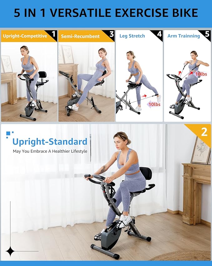 Indoor Exercise Bike for Seniors, 5 IN 1 Foldable Stationary Bike with Tri-Position Ride, 300LBS Capacity and 5.5 LBS Flywheel, Designed for Home Gym