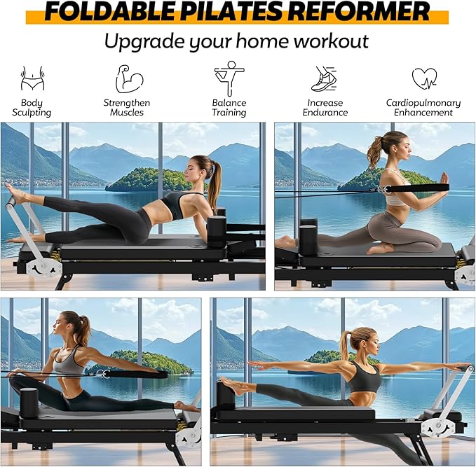 Foldable Pilates Reformer Set with Sitting Box - Portable Home Pilates Machine for Full-Body Workout, Adjustable Resistance, Compact Design, Includes Pilates Sitting Box for Enhanced Exercises