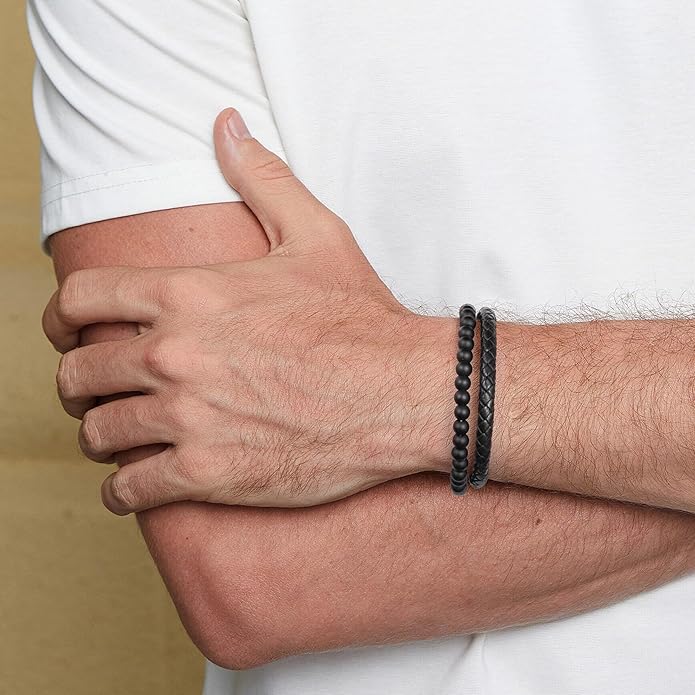 LUXEJEW Gifts for Men - Beaded Leather Bracelet 6mm Matte Agate Stone Bracelets for Men Dad Son Husband Boyfriend Grandpa Grandson Brother Uncle Nephew Adjustable Magnetic Clasp