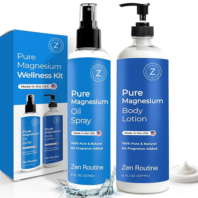 Zen Routine Magnesium Spray + Lotion Set for Sleep, Leg Cramps & Muscle Recovery – Unscented, Non-Greasy, Less Itch – Feet, Skin Friendly, Extra Soothing — Made in USA
