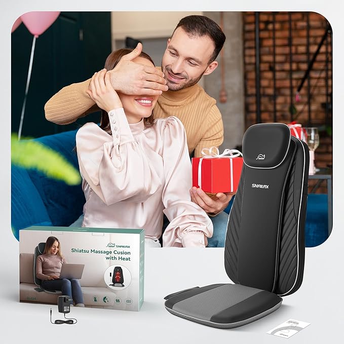 Snailax Gifts for Mom, Dad Shiatsu Back Massager with Heat & Vibration, 3D Kneading Massage Chair Pad for Pain Relief Deep Tissue, Chair Massager for Office Home Chair Use