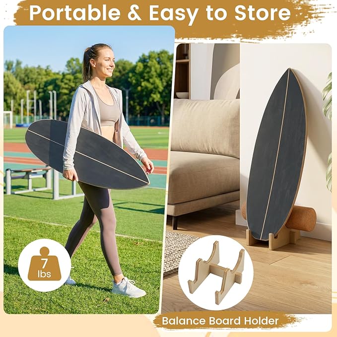 GYMAX Balance Board for Adults, 330LBS Wobble Boards with Storage Rack, Wooden Exercise Balancing Stability Trainer for Improve Balance, Surfing, Skate, Yoga, Skateboarding