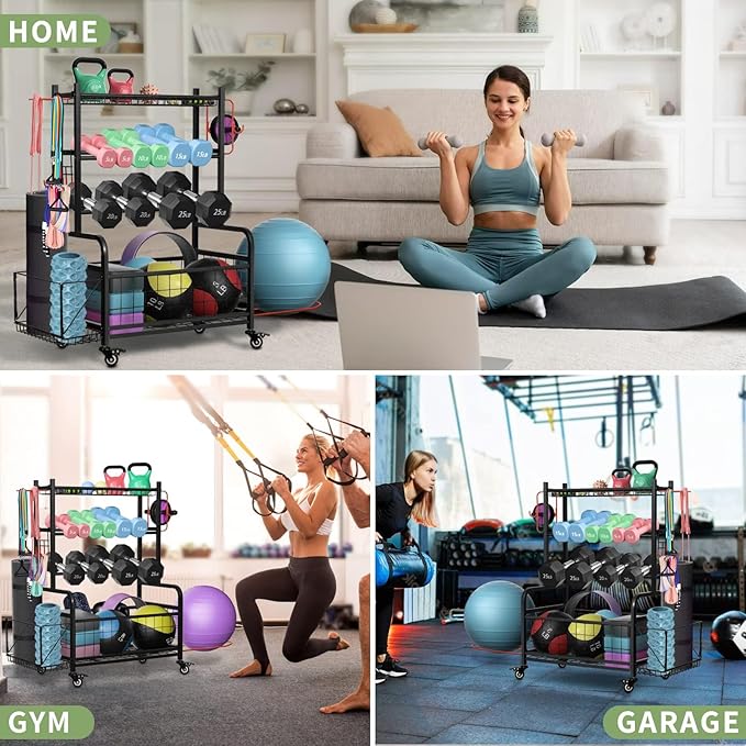 Pro-Series Mobile Dumbbell Rack & All-in-One Gym Storage Organizer with Locking Wheels, Adjustable Shelves & 400LB Capacity