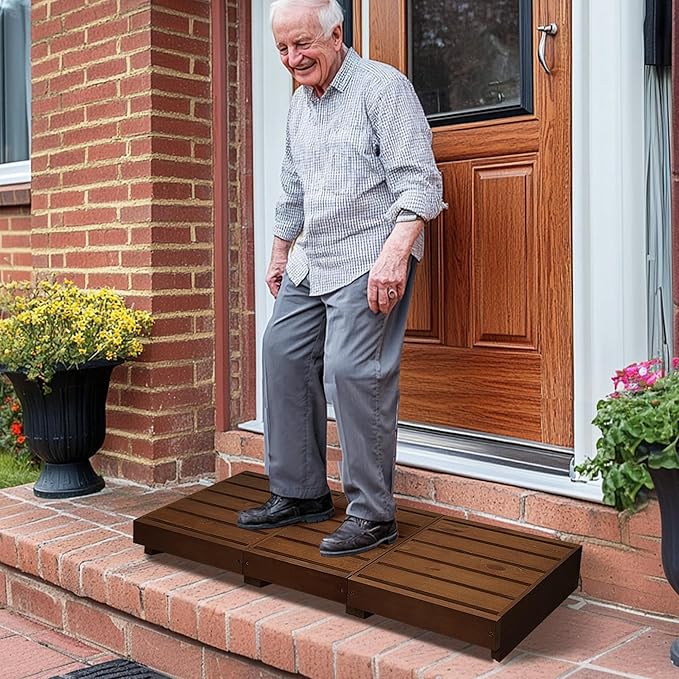 Outdoor Steps 3.5'' Height, Wooden Step Platform 35” Length, Step Stool with Non Slip Pads, Wooden Platform, Step for Outside, Wooden Platform for Bathroom, Kitchen, Bed(Dark Brown)