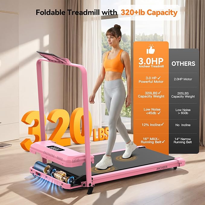 ANCHEER Treadmill with 12%/15% Incline, Folding Walking Pad with Handle Bar, 320-450lb Capacity Under Desk Foldable 3.5HP Treadmills for Home/Office/Gym,Installation-Free
