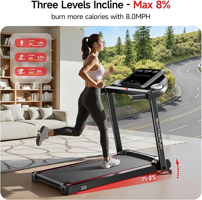RHYTHM FUN 8.0 MPH Treadmills for Home, Running Walking Pad Treadmill with Incline up to 8%, Foldable Treadmill with Handle Bar, Low Noise Walking Pad for 300 lbs