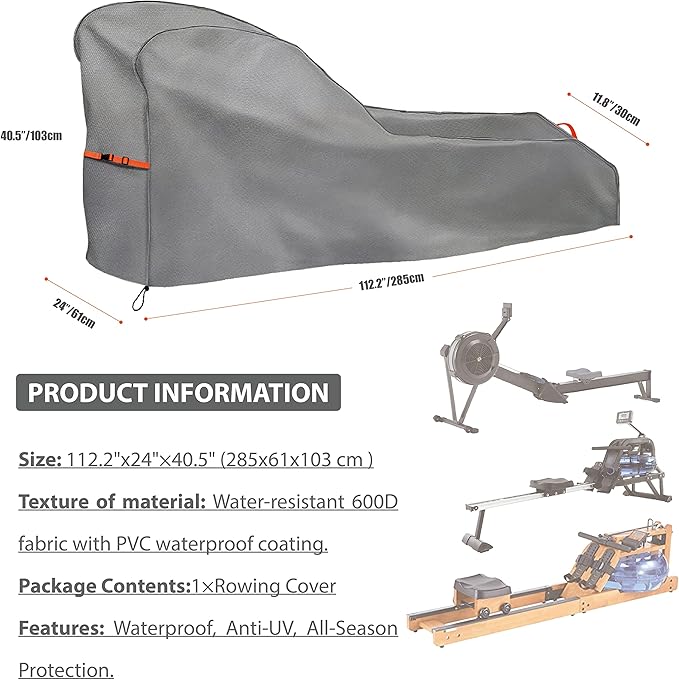 Rowing Machine Cover Waterproof – Heavy Duty Oxford Fitness Equipment Protector, Dustproof UV-Outdoor Rower Cover with Buckles and Drawstring, Fits Most Rowing Machines up to 112" L x 24" W x 40.5" H