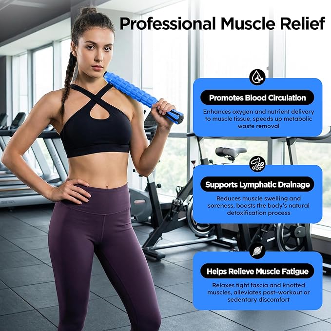 Muscle Roller & Massage Roller Stick for Athletes - Lymphatic Drainage Support, Relieves Muscle Soreness, Cramping & Tightness - Targets Legs, Arms, Back & Calves （Blue - 18inch）