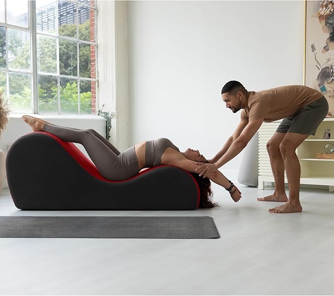 Avana Chakra Yoga Chaise - 2 Adjustable Headrests & Handles with Adjustable Straps, Micro-Velvet/Microloop, Red & Grey