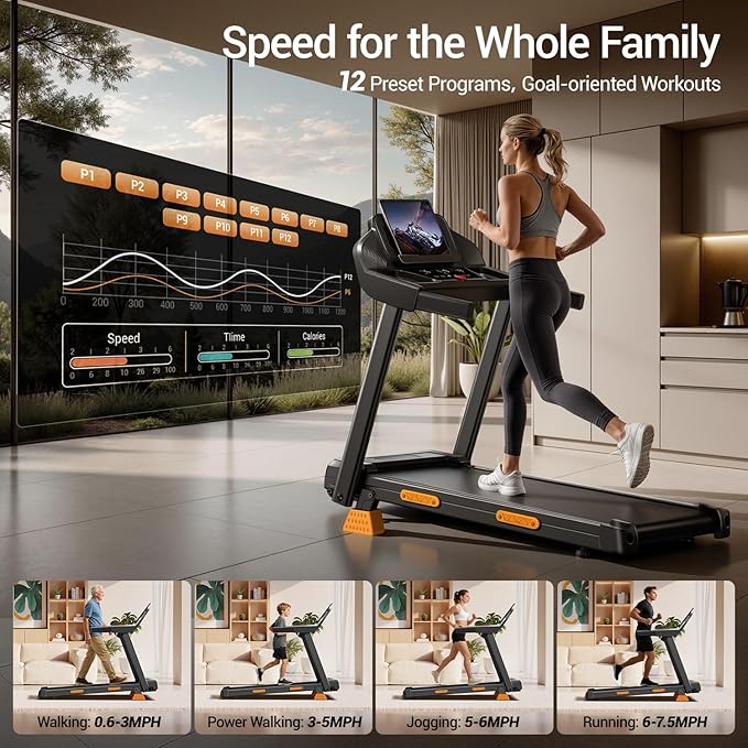 14% Treadmills for Home with Handle, 3 in 1 Portable Treadmill with Incline, Foldable Treadmill with Three Screen, 12 Preset Programs, 400LBS