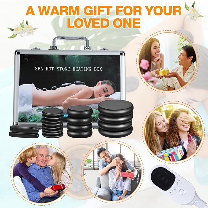 Hot Stones Massage Set 18 Pieces Basalt Hot Rocks Massage Rocks Kit Black Smooth Stones for Professional Home Spa Warming Relaxing Pain Relief, Constant 50°c (122°f)(Adjustable Temperature)