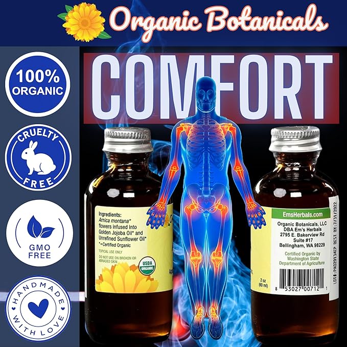 Arnica Oil - Pure Organic Muscle Discomfort Bottle - Arnica Montana Oil for Arthritis, Bruising & Swelling, Muscle, Joint Discomfort, and Sports Injuries, Arnica Massage Oil (2 oz)