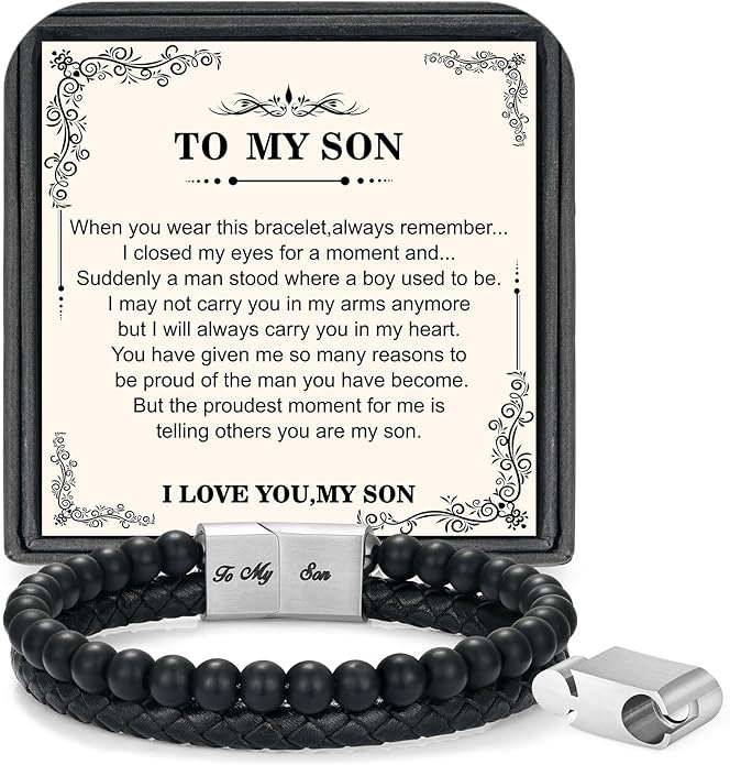 LUXEJEW Gifts for Men - Beaded Leather Bracelet 6mm Matte Agate Stone Bracelets for Men Dad Son Husband Boyfriend Grandpa Grandson Brother Uncle Nephew Adjustable Magnetic Clasp