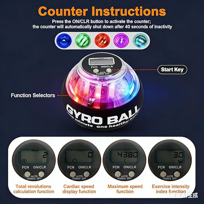 Torque Ball with Counter, Wrist Power Gyro Ball Hand Wrist Forearm Trainer and Strengthener for Exercise Joint and Muscle with Colour Light and Bag