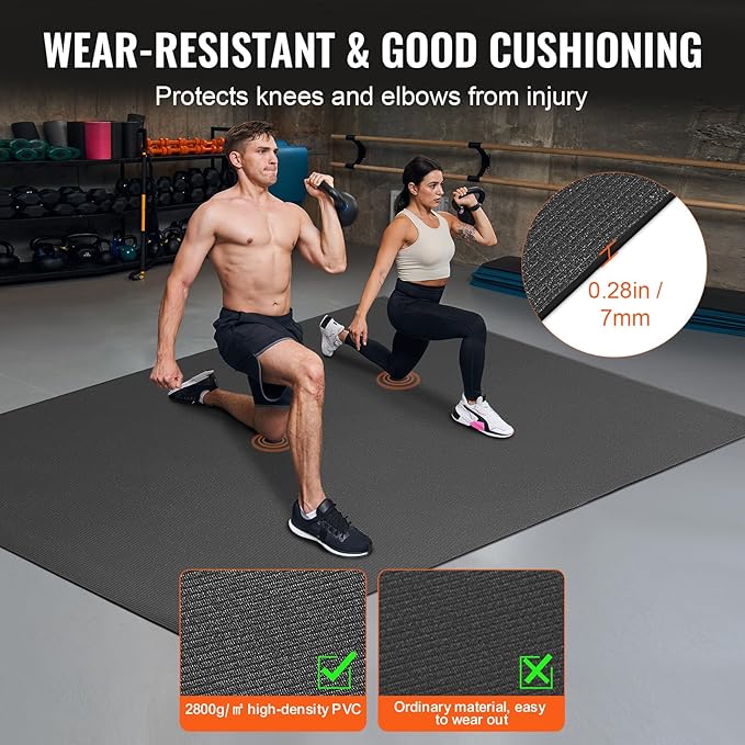 VEVOR Large Exercise Mat, 12'x6'/10'x6'/9'x6'/8'x6'/8'x5'/7'x5'/6'x4' (7mm) Extra Thick, Non Slip High Density Premium Workout Mat, Exercise Yoga Mat for Men & Women, Fitness & Exercise Mat with Bag & Carry Strap, for All Types of Home Yoga, Pilate & F...