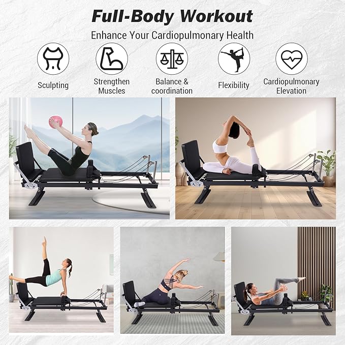 Foldable Pilates Equipment for Home Workouts, Pilates Reformer Machine for Home Gym, Pilates Exercise Equipment with Jump Board, Color Cords Set of 2