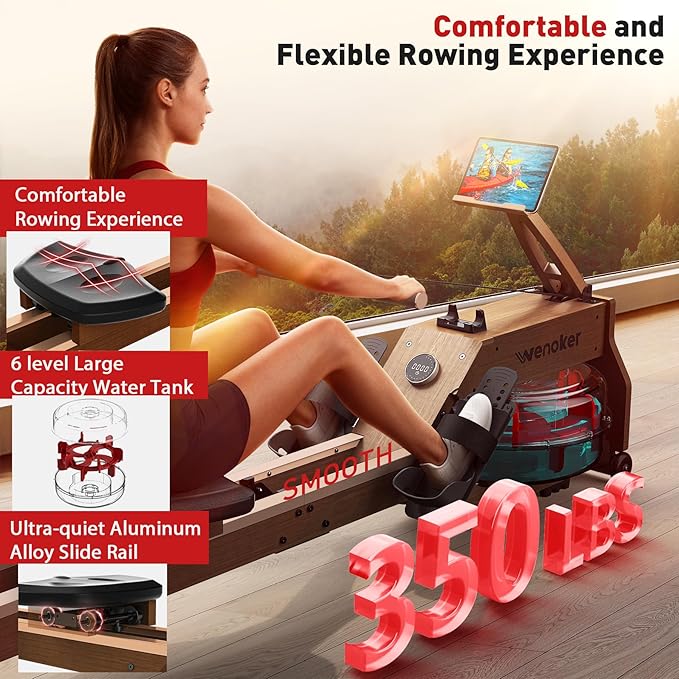 Water Rowing Machines for Home Use, Rower Machine with Smart Electronic Knob,Wooden Row Machine with LCD Monitor & Comfortable Seat, Bluetooth App Compatible for Home Gym Exercise 300 LBS