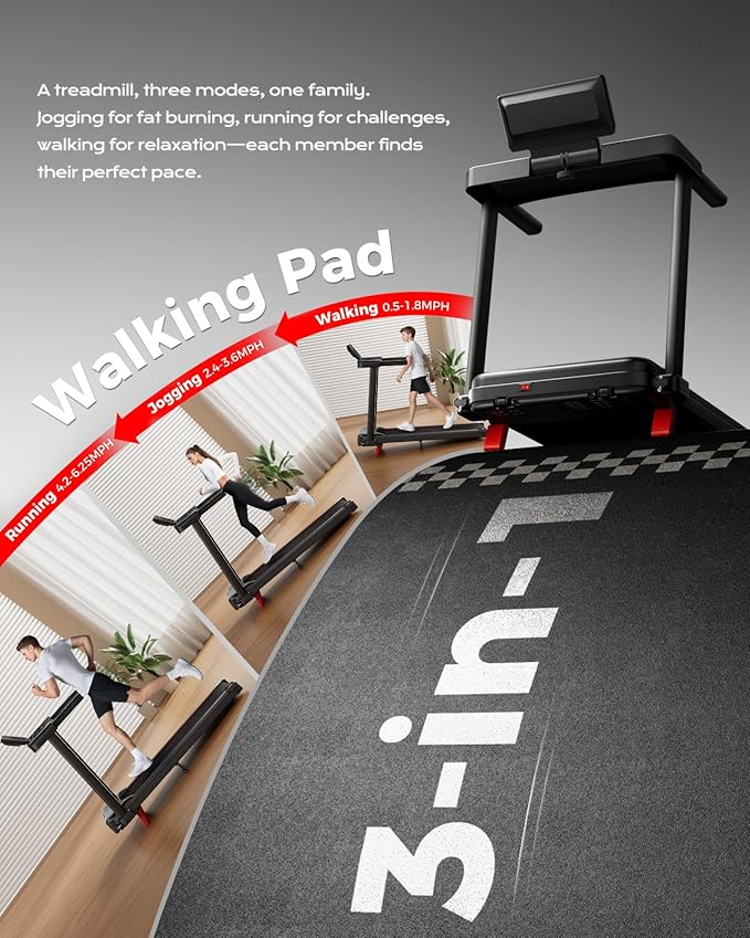 Foldable Treadmill for Home Small with Incline - 3.0HP Quiet Walking Pad Treadmill with Handles, 300LBS Capacity, Home Office 3-in-1 Portable Treadmills for Running Jogging Walking