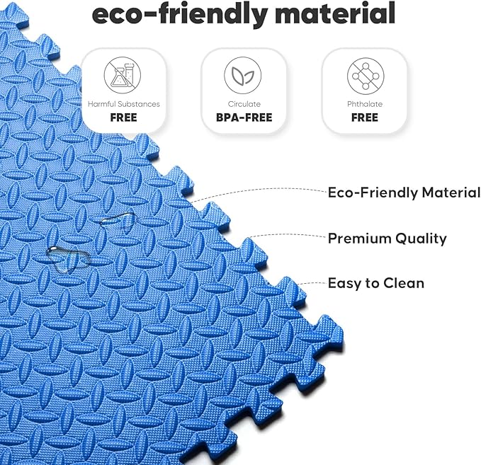 32 Pack Home Gym Mat, Puzzle Exercise Mat,EVA Interlocking Foam Floor Tiles for Home Workout Equipment and Kids' Play Areas - Blue, 24 in x 24 in x ½ in - 32 Tiles (Blue, 32 Pack 128 sq ft)