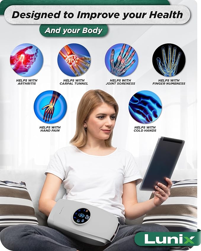 Lunix LX7 LCD Touchscreen Hand Massager, Heated Air Compression, for Arthritis & Carpal Tunnel Relief, Finger Numbness & Wrist Pain Relief, Cordless Rechargeable, Cloud Gray