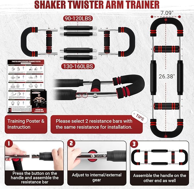 Twister Arm Trainer, 30-120 lbs Adjustable Twister Arm Chest Exerciser with 4 Spring & Poster for Men & Women, Detachable Power Twister Home Fitness Equipment for Enhancing Upper Body Muscle