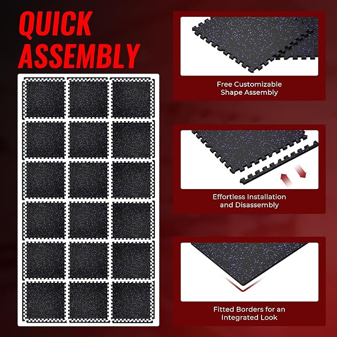 SUPERJARE 0.79'' Extra-Thick Exercise Equipment Mats, 18 Pcs 72 Sq Ft Rubber Top Floor Tiles with High Density EVA Foam, Interlocking Gym Flooring for Home Gym, Protective Workout Mat, Black/Purple