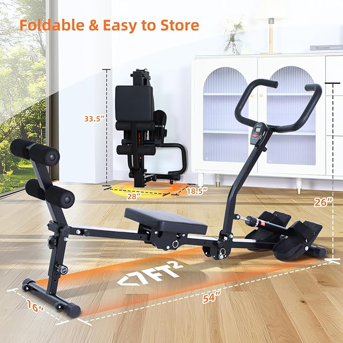 Sportneer Foldable Rowing Machine for Home, Hydraulic Rowing Machine with 12-Level Resistance - Multi Functional Row Machine Equipped with Caster & Backrest, Max 297lbs Weight Load