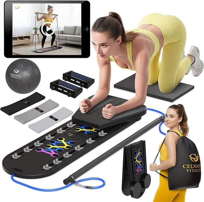 Pilates Reformer Board, 7-in-1 Foldable Pilates Board Kit with Timer, Guided Home Workouts w Resistance Bands & Ball - at Home Pilate Reformer AB Core Machine, Exercise Fitness Slider Equipment
