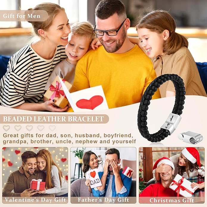 LUXEJEW Gifts for Men - Beaded Leather Bracelet 6mm Matte Agate Stone Bracelets for Men Dad Son Husband Boyfriend Grandpa Grandson Brother Uncle Nephew Adjustable Magnetic Clasp