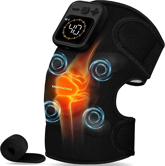 KingPavonini Cordless Knee Massager for Pain Relief, Newly 4 Motors Vibration, 5 Heat Levels, 6 Massage Modes, Knee Heating Pad for Knee Pain, Heated Knee Massager Brace, for Mom Dad (Black 1.0)