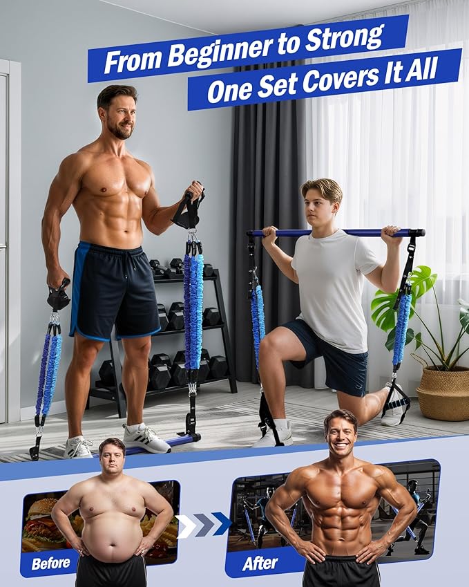 Upgraded Pilates Bar Kit with Resistance Bands Natural Latex for Women & Men, Heavy-Duty Stainless Steel Multifunctional Yoga Pilates Stick for Home Gym Exercise Fitness Equipment Full-Body Workouts