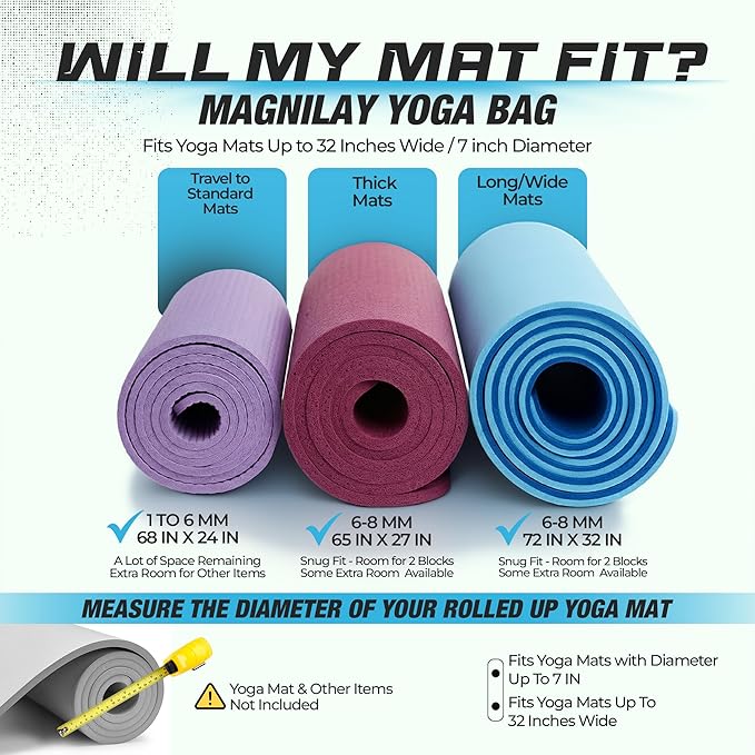 MAGNILAY Yoga Mat Bag - for Women and Men, Yoga Mat Carrier, Fits Mats Blocks and Accessories for Workouts, (32”L)