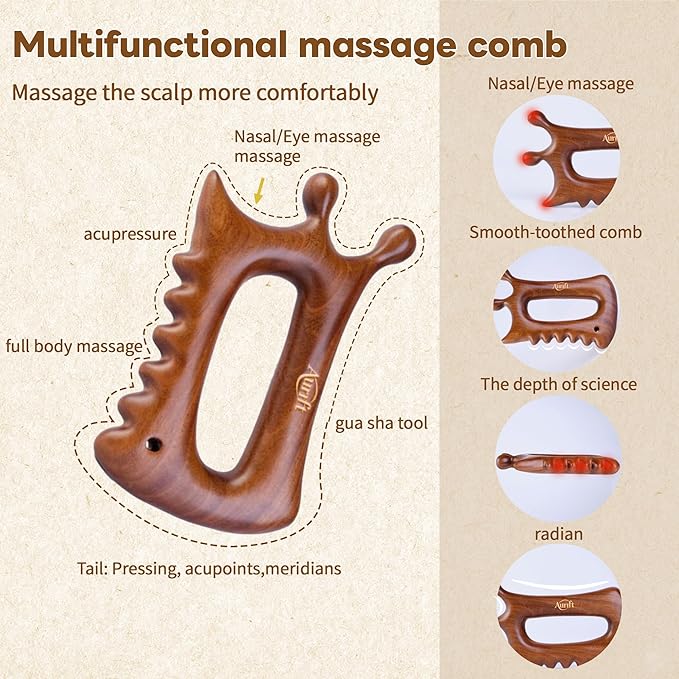 Wooden Gua Sha Massage Tool for Face & Body – Dual Trigger Point Acupressure Massager for Nose & Eye Area, Manual Muscle Scraper with Ergonomic Grip for Jawline & Neck Relief in Gift Box