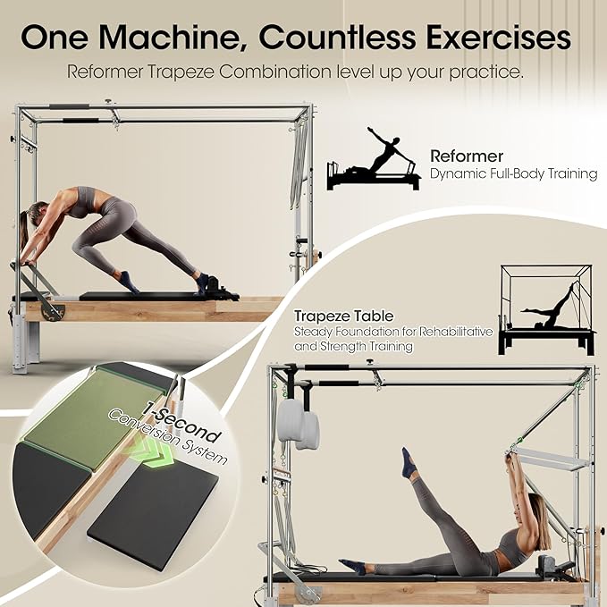 Pilates Reformer, PAETA 92" Wooden Pilates Reformer Machine with Springs, Pilates Machines for Home Use and Studio, Pilates Equipment with Sitting Box, Jump Board and Accessories