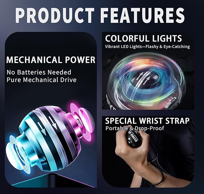 Wrist Ball Hand Exercise, Torque Ball Grip Strength Trainer, Gyro Ball with LED Lighting, Finger Forearm Grip Strength Devices