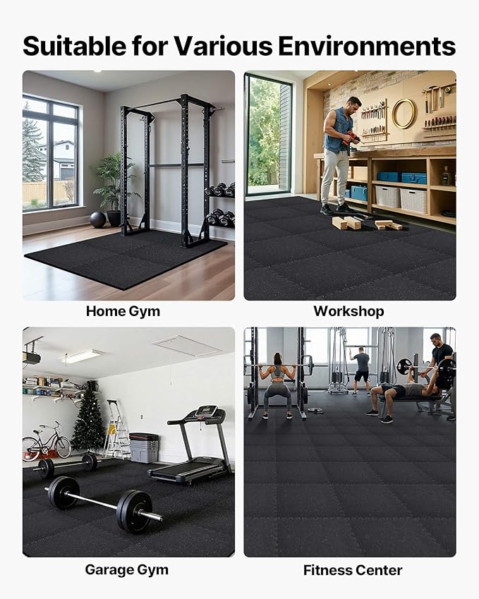 VEVOR 0.79Inch 48sq.ft 12 Tiles Gym Flooring for Home Gym, Rubber Top with High Density EVA Foam, 24 x 24In Gym Floor Exercise Equipment Mats, Interlocking Gym Mats, Puzzle Workout Mats, Black & Gray