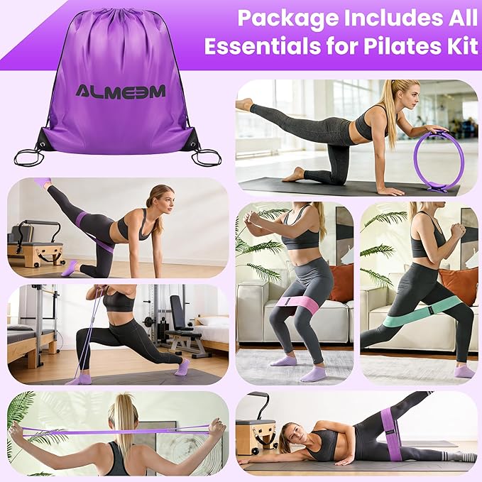 Pilates Ring Kit for Women and Men - 15 inch Magic Circle Exercise Ring and Ball Set for Home Workout Equipment - Dual Padded Handles Ring and Resistance Bands Set for All Fitness Lovers