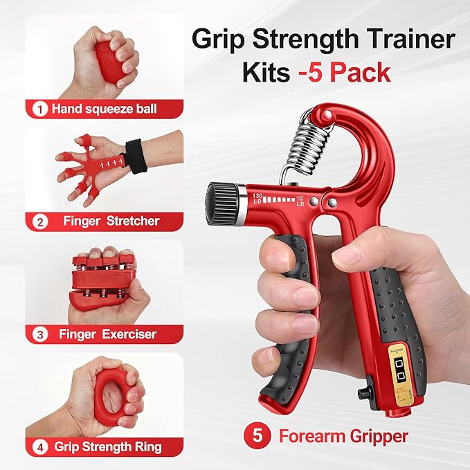 Grip Strength Trainer Kit (5 Pack) Adjustable Resistance Hand Gripper,Finger Exerciser,Hand Extension Exerciser,Stress Relief Ball and Forearm Workout Ring for Muscle Building Injury Recover