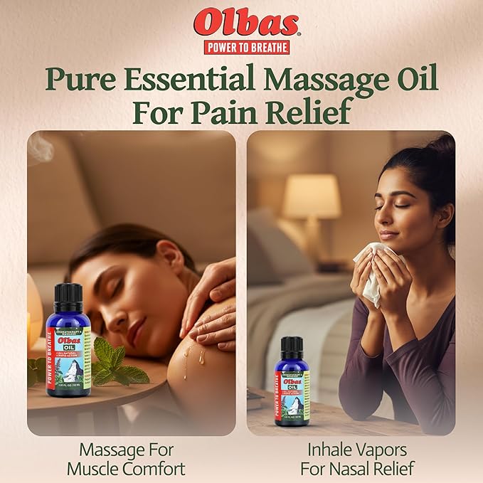 Olbas Massage and Aromatherapy Oil, 1.01 Fl Oz,body massage oil, Swiss Herbal Remedies with Pure Essential massage oils for muscle relaxing and soothing comfort for pain relief.