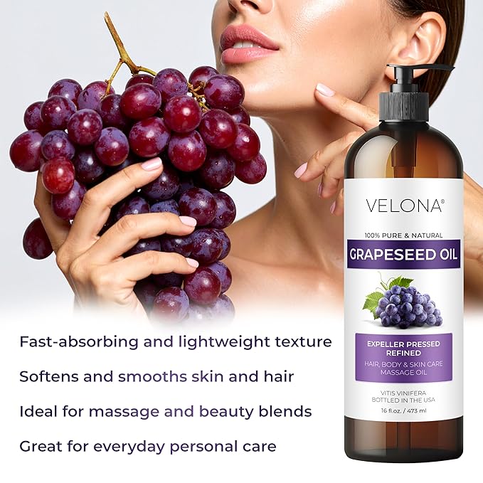 velona Grapeseed Oil 16 fl oz | 100% Pure and Natural Carrier Oil | Refined | Skin, Face, Body, Hair Care | Use Today - Enjoy Results