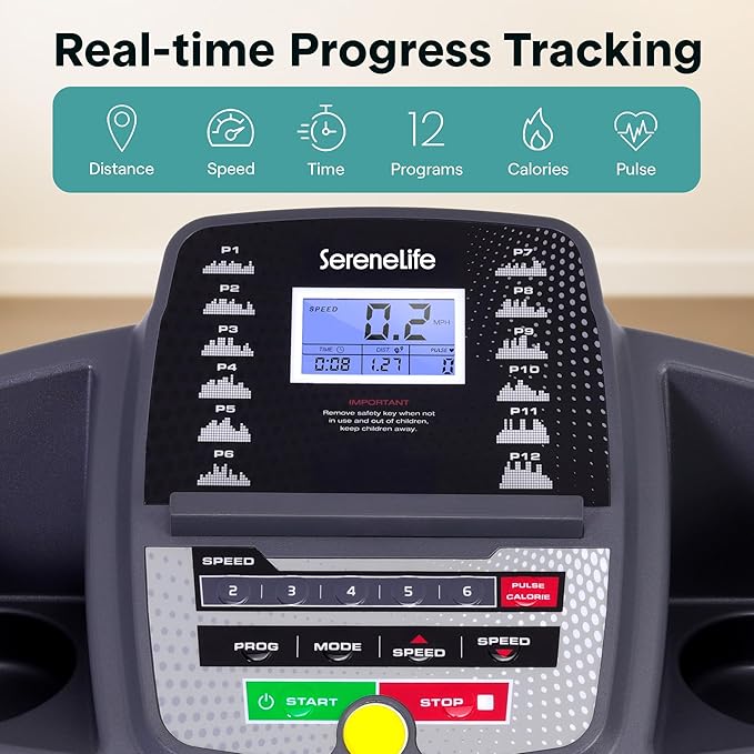 SereneLife Treadmills for Home with 13% Manual Incline Treadmill, 3.5HP - Compact Digital Portable Foldable Treadmill with Speakers, Bluetooth, App Sync, Heart Rate Monitor, for Walking, Running, Gym