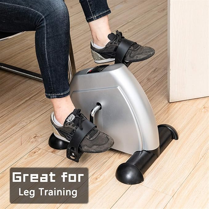 Mini Exercise Bike Pedal Exerciser for Arms & Legs, Portable Under Desk Bike with LCD Monitor, Adjustable Resistance Home Office Fitness Trainer, Compact Hand & Foot Cycle – Silver