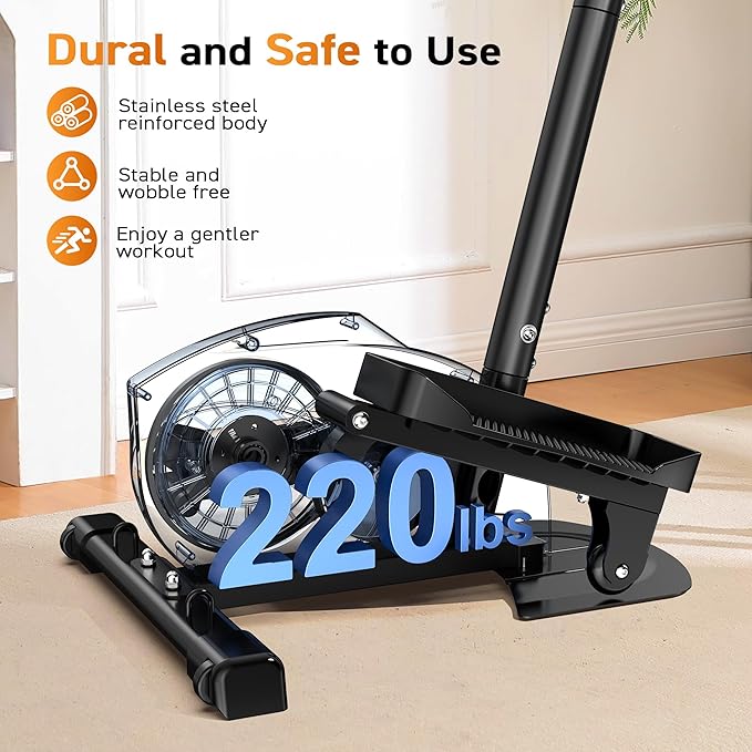 Mini Elliptical, 3-in-1 Elliptical Machine with Handlebars & Resistance Bands, Adjustable Magnetic Resistance & LCD Display, Portable Step Machine Peddler Exerciser for Senior Home Workout